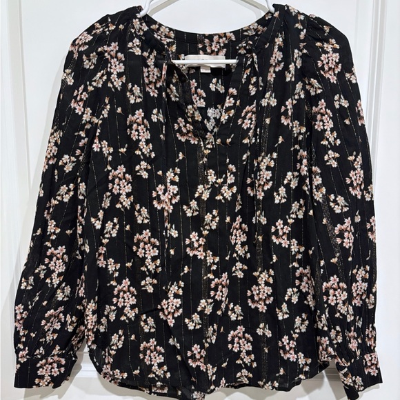 Women's Loft Black Shimmer Floral Tie Neck‎ Blouse Size XS - Picture 3 of 10